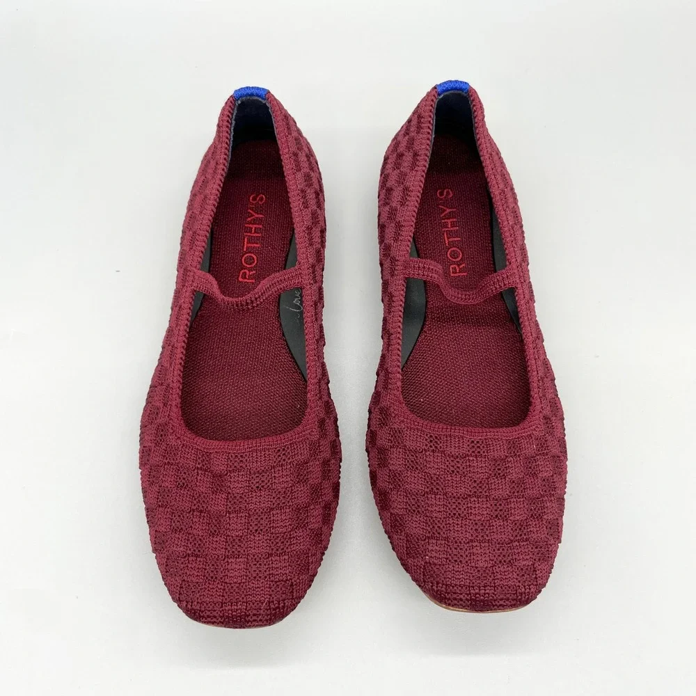 Rothys The Max Square Mary Jane Shoes Womens 6 Red Checkered Knit Ballet Flats
